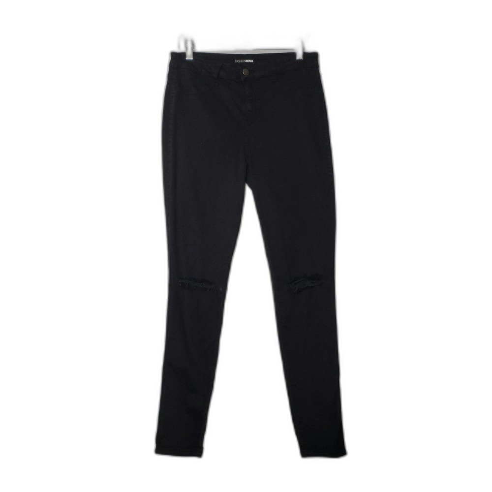 FASHION NOVA Black Straight Leg Distressed Stretch Jeans Juniors Size 13
